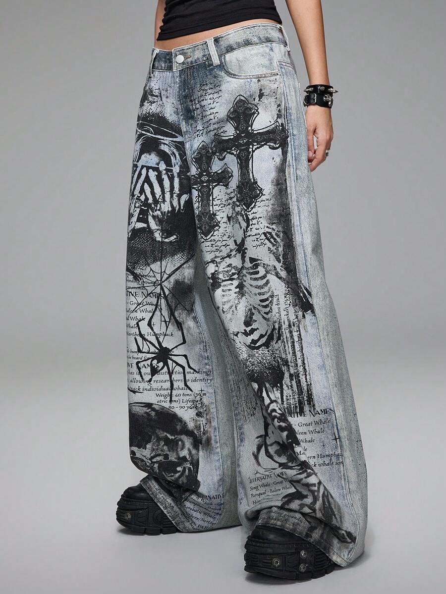 grunge punk printed wide leg denim jeans