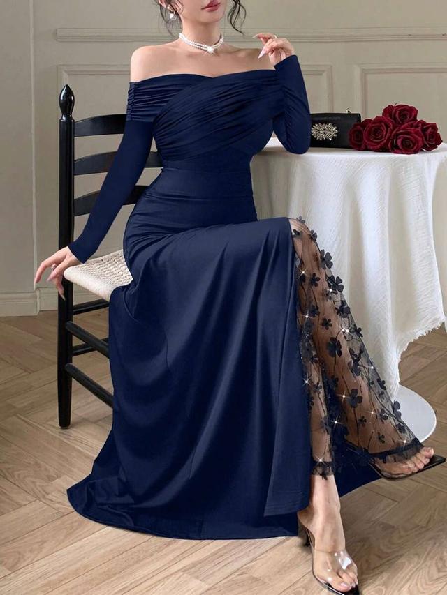 navy blue off-shoulder bodycon dress with floral mesh