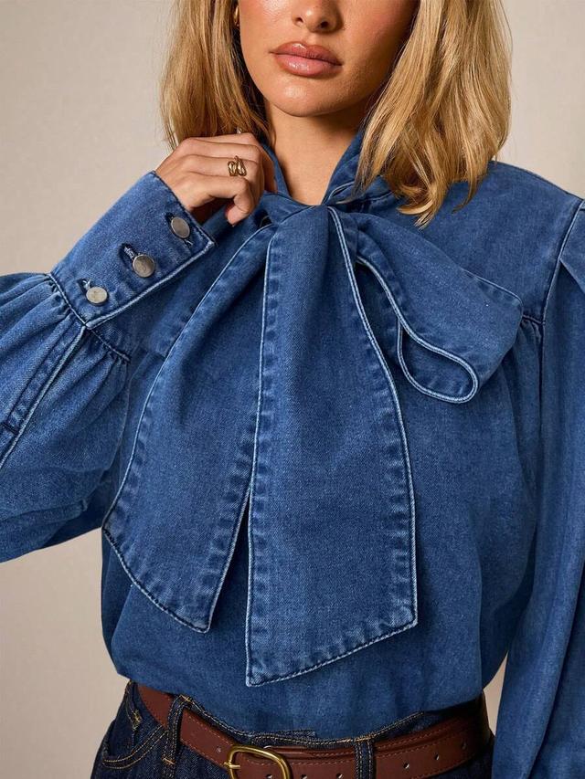 denim tie collar puff sleeve blouse