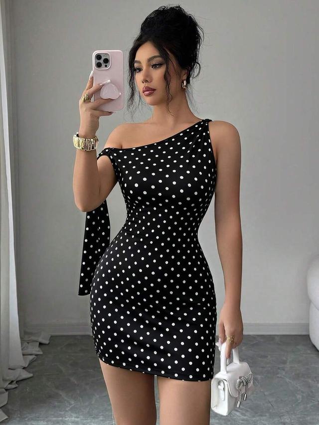 black and white polka dot asymmetric shoulder mini dress