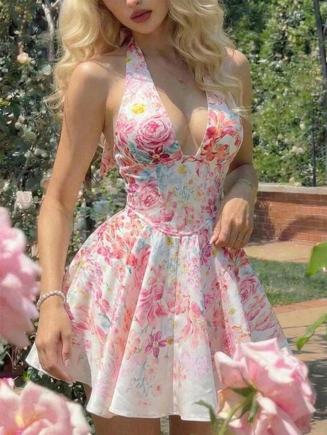 floral print bow-tie strap corset mini dress