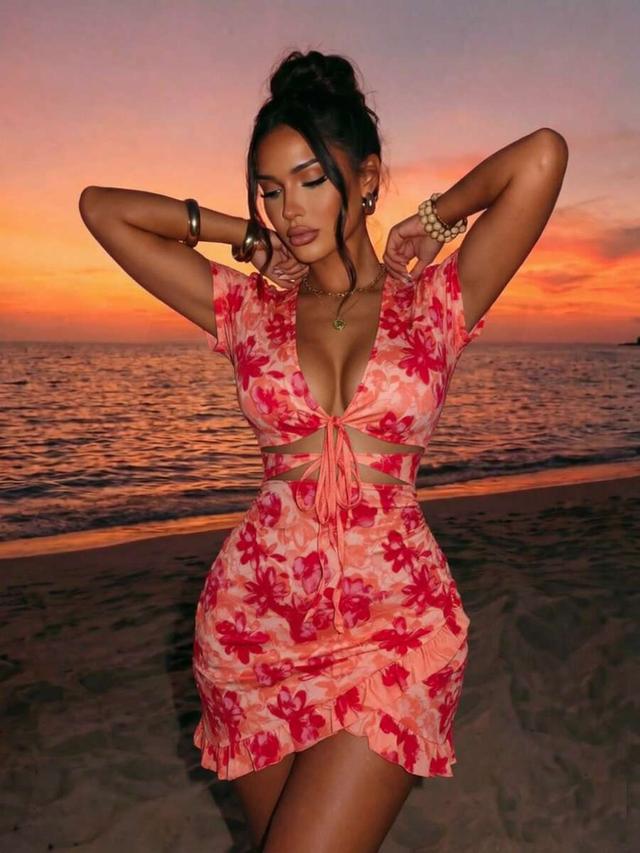 floral print cutout mini dress with front tie