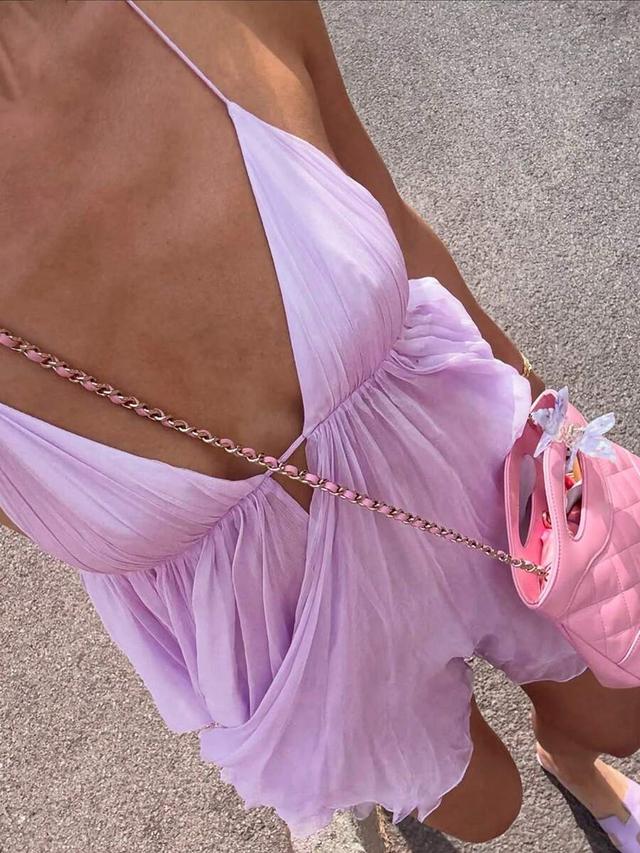 purple chiffon backless spaghetti strap mini dress