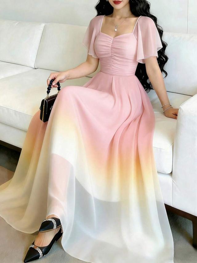 pink ombre ruched square neck chiffon maxi dress