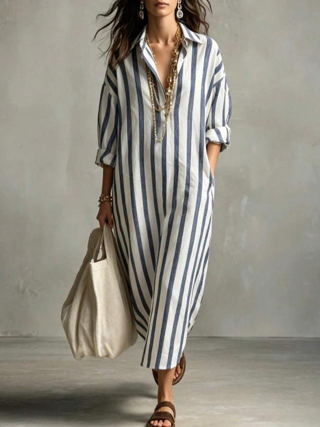 women's summer lightweight collared striped casual vacation style dress