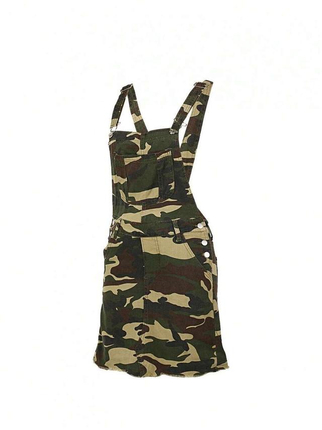 camouflage print denim suspender skirt