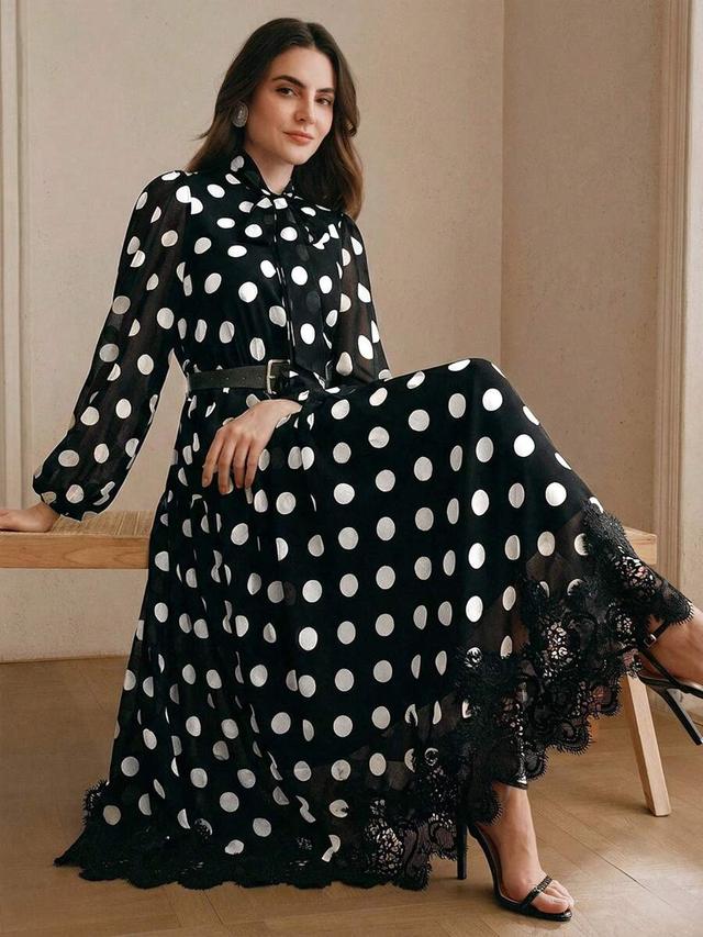 polka dot chiffon lace splice long sleeve dress