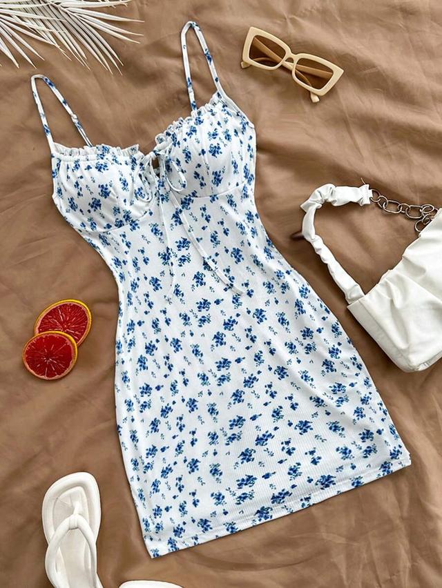 blue and white floral knit bodycon short dress