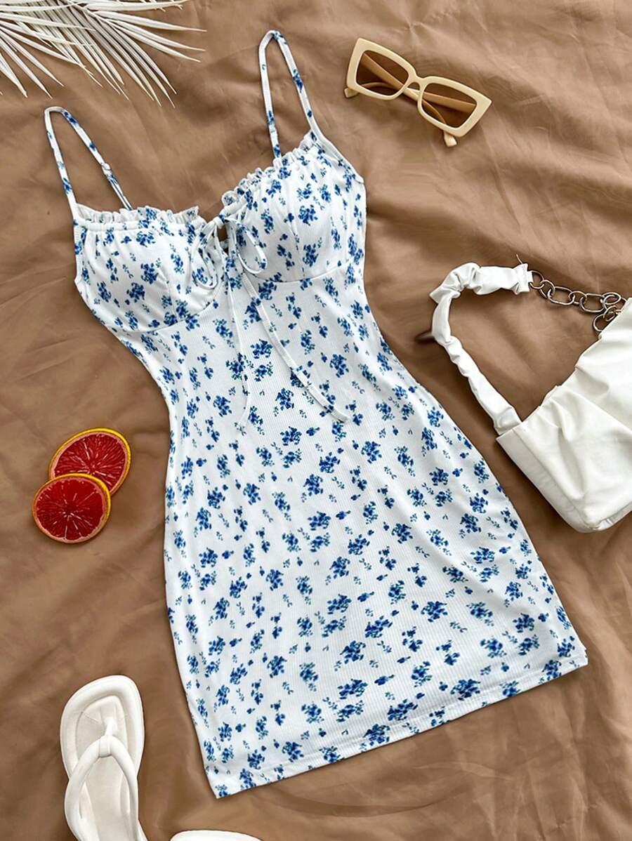 blue and white floral knit bodycon short dress