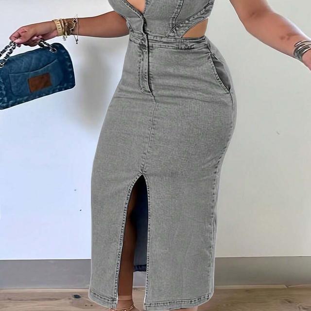 grey women's sleeveless denim midi dress with waist cutouts