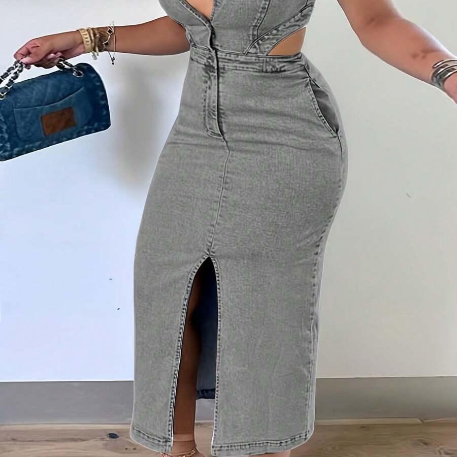 grey women's sleeveless denim midi dress with waist cutouts