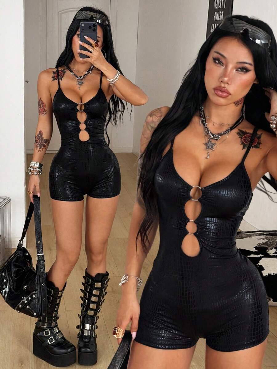 black faux crocodile skin cutout playsuit