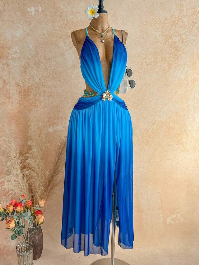 tropical v-neck waist cut-out ombre dress with bead decor