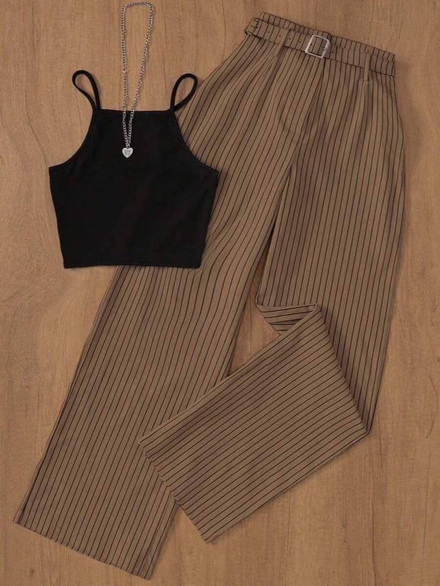 women's striped casual waistband sleeveless top and pants set