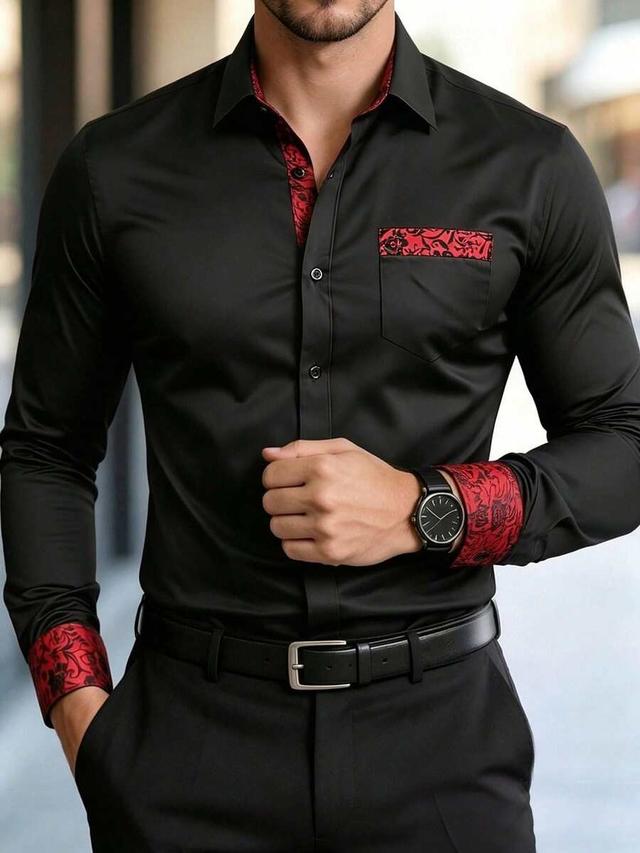 black and red patchwork long-sleeve button-up dress shirt