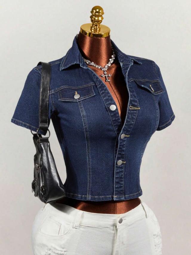 dark wash denim short sleeve button up shirt
