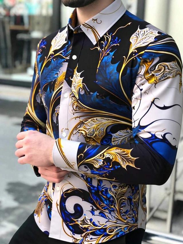 men's retro floral pattern long sleeve button-up shirt