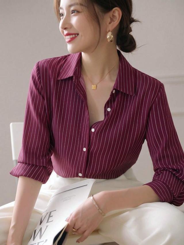 burgundy striped long sleeve button down blouse