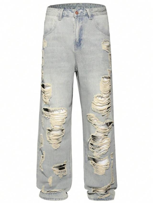 men's light wash ripped relaxed fit baggy jeans