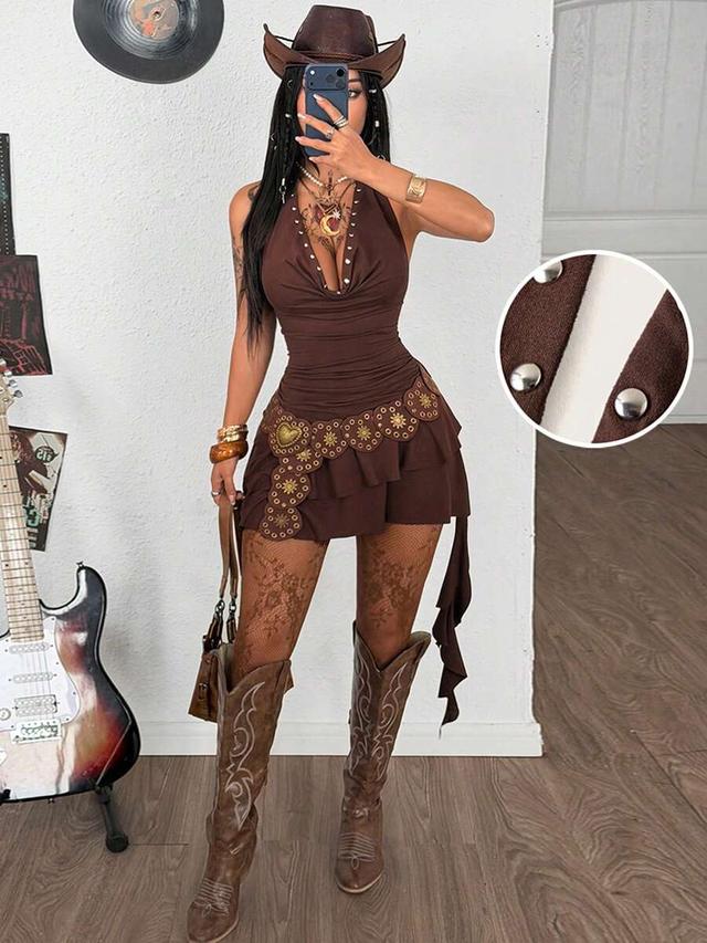brown halter neck mini dress with decorative belt