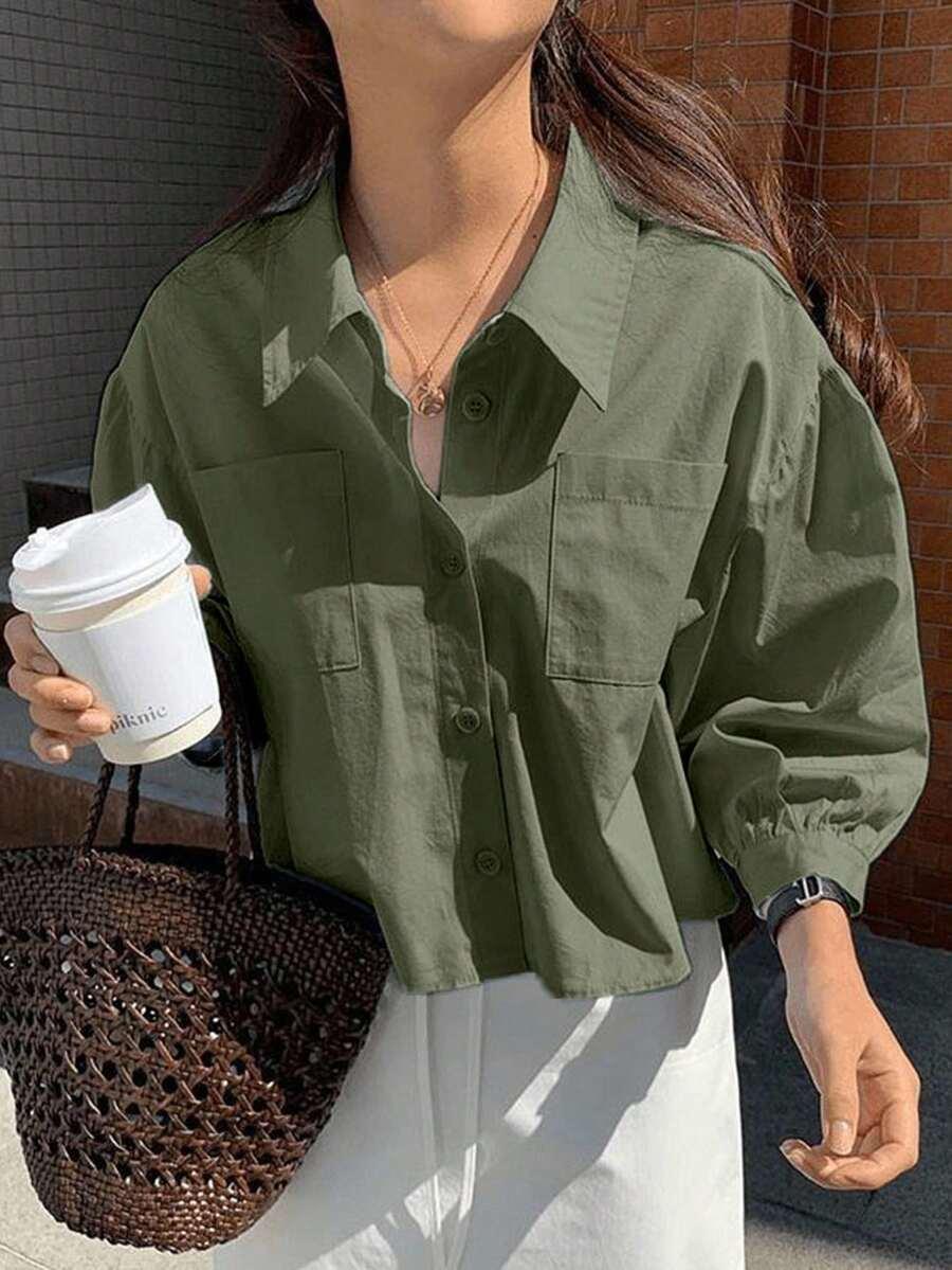 olive green casual drop shoulder long sleeve shirt