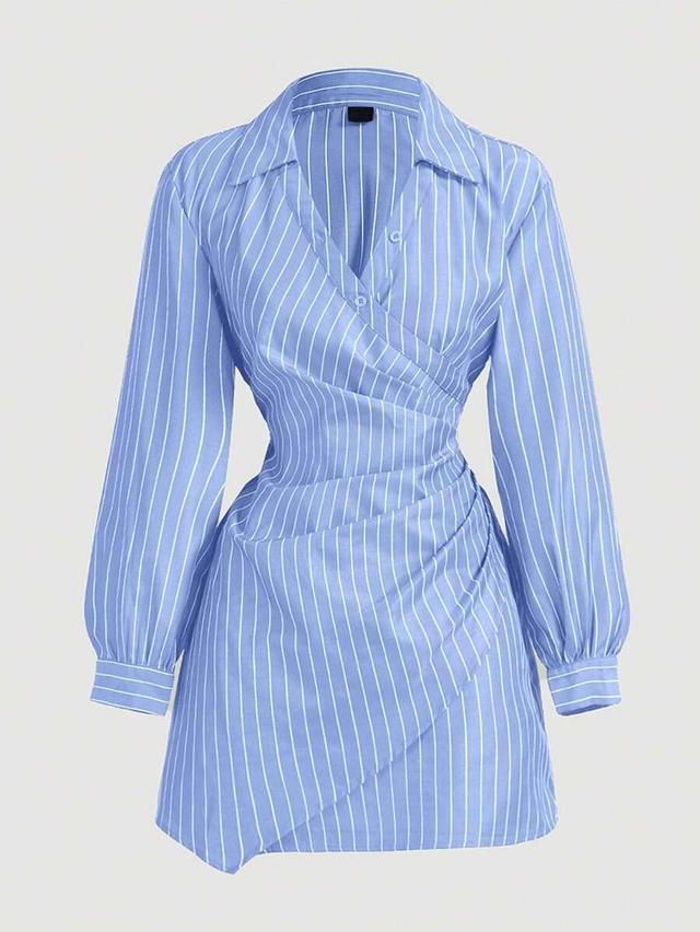 blue and white striped cross-wrap ruffle shirt dress