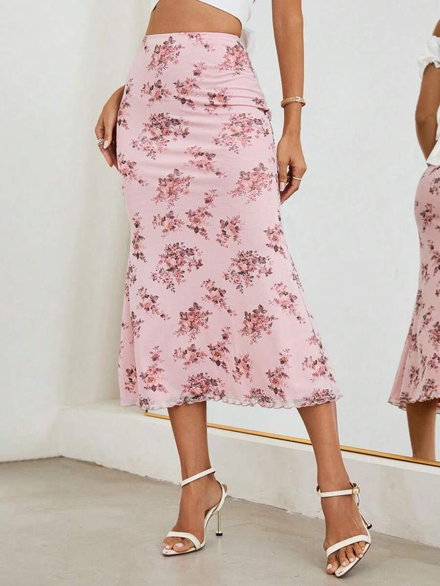pink floral print fish tail ruffle net skirt