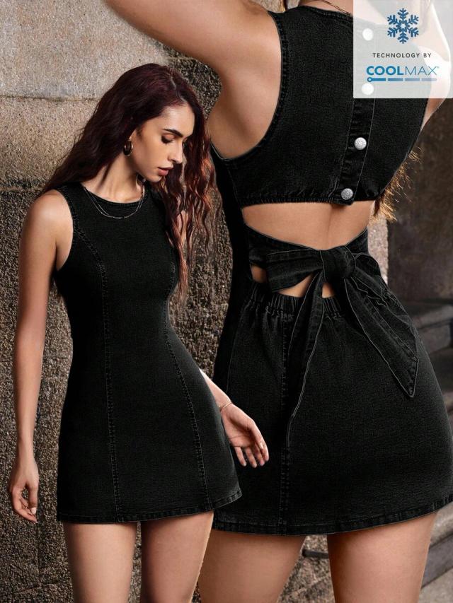 black denim sleeveless dress with back cutout and knot