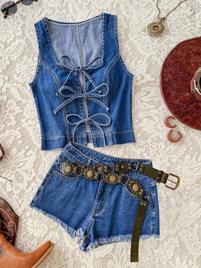 denim tie-up vest and raw hem shorts set