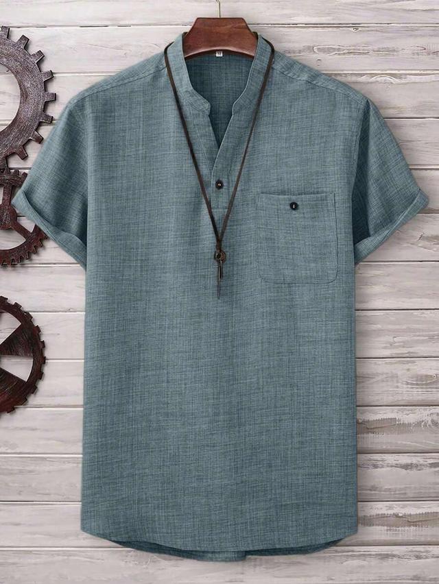 solid color half button chest pocket linen shirt