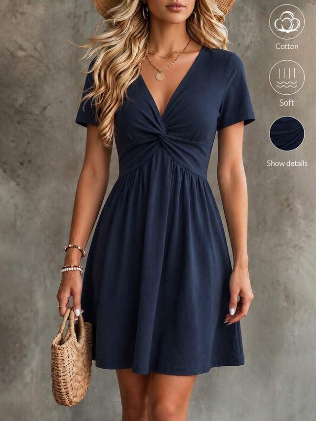 navy blue v-neck twist front short sleeve dress