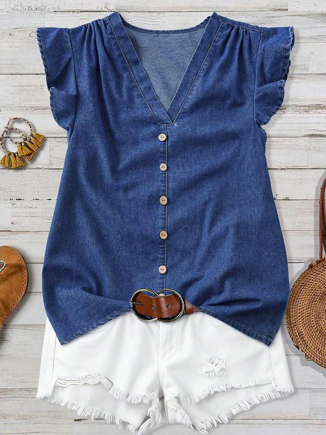 denim v-neck blouse with flutter sleeves