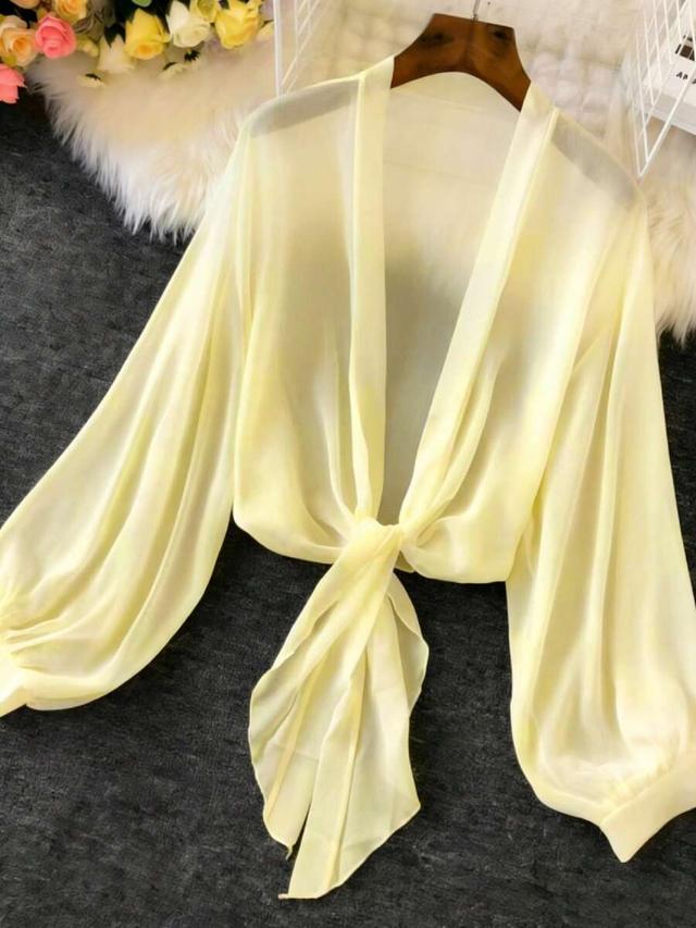 lightweight yellow lantern sleeve tie-front kimono blouse