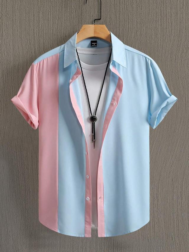 color block short sleeve single-breasted casual commuter shirt