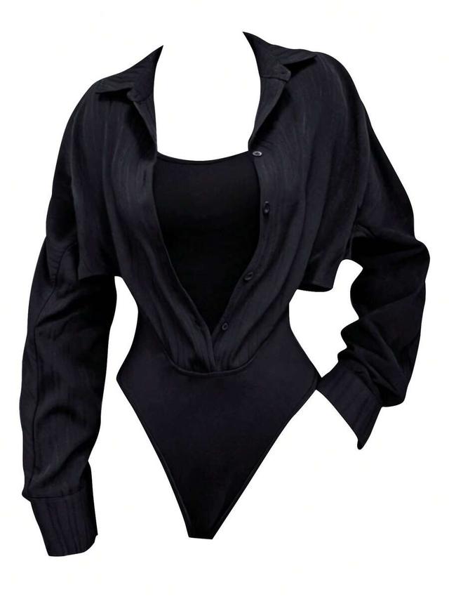 black long sleeve shirt bodysuit with textured overlay