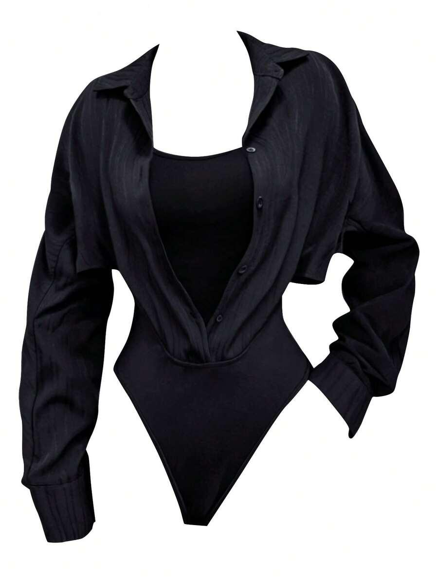 black long sleeve shirt bodysuit with textured overlay
