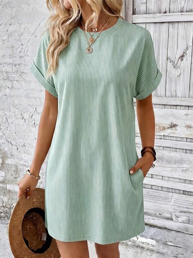 green and white striped cotton shift dress