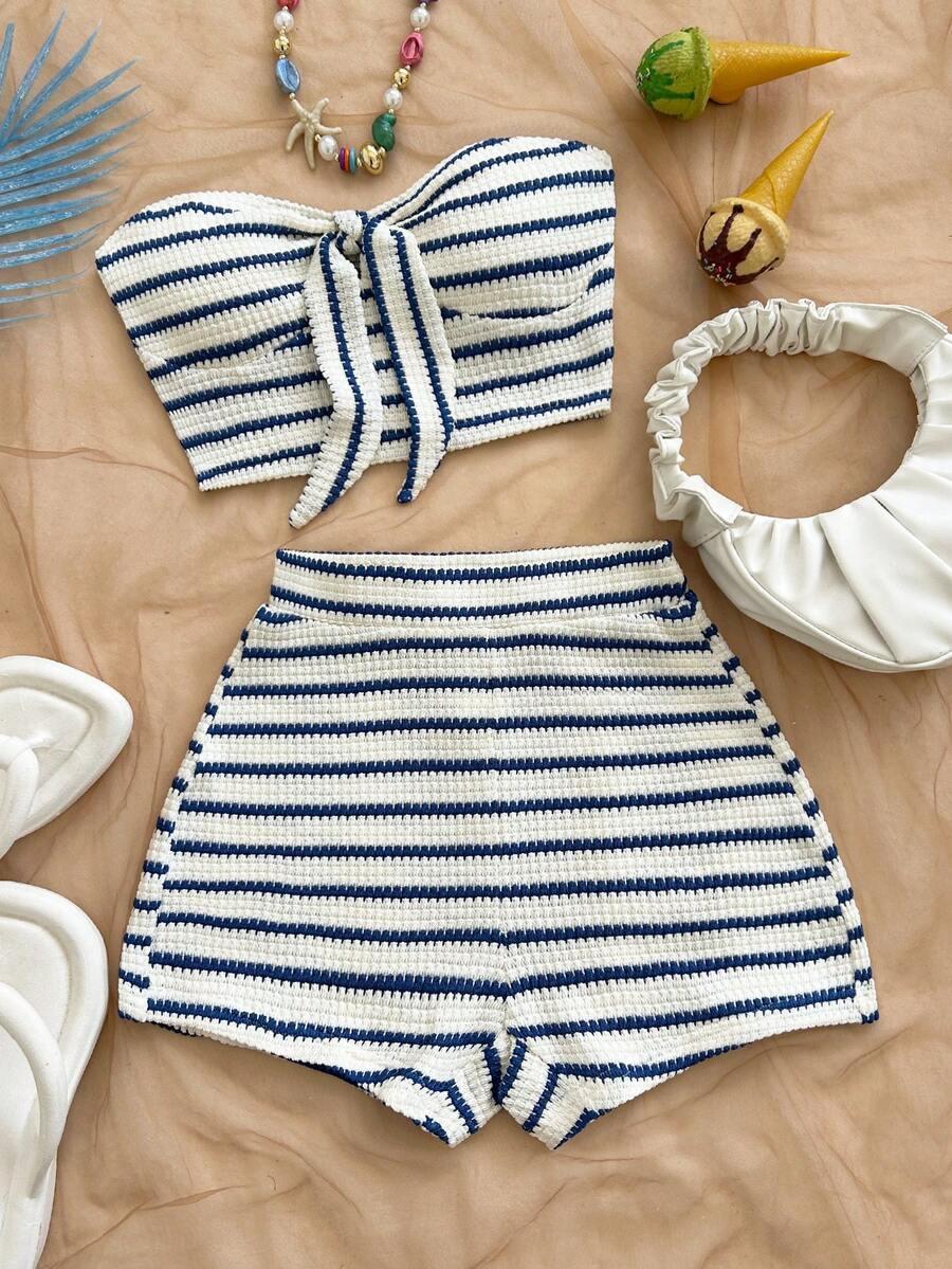 blue and white striped woven tie-up bandeau set