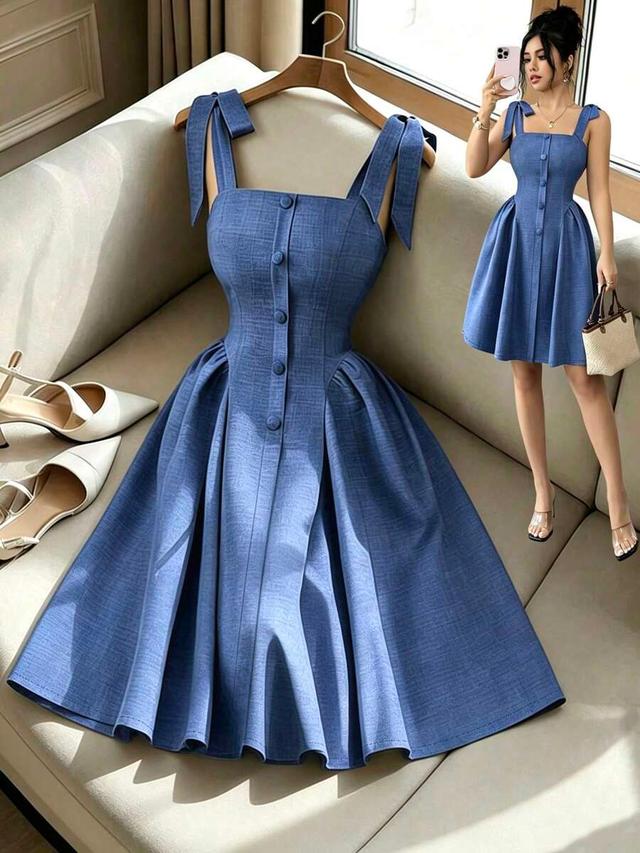 blue textured cotton blend fit and flare dress