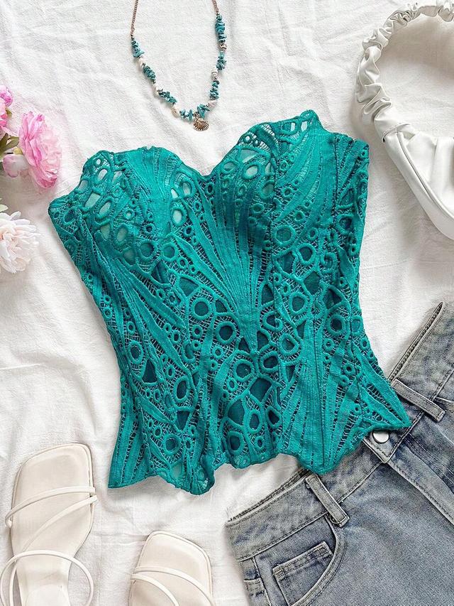 teal lace double-layered herringbone corset strapless top