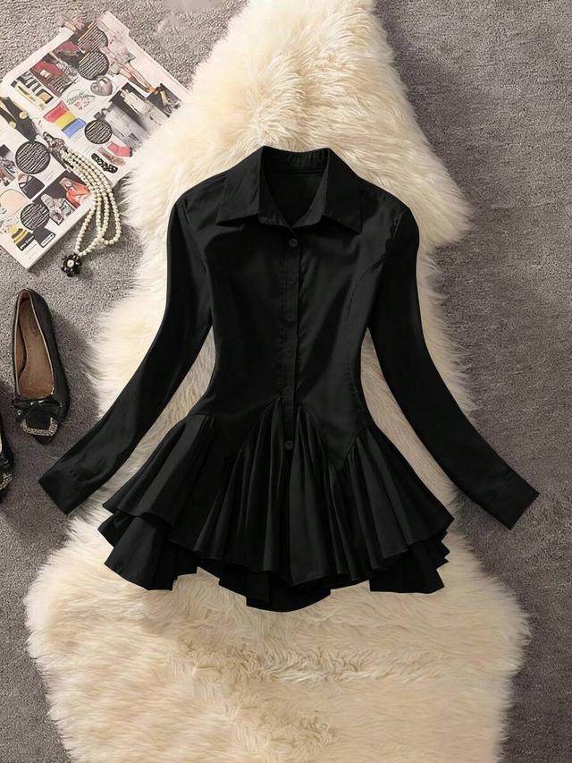 black long sleeve lapel blouse with cinched ruffle hem
