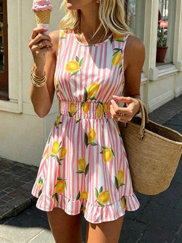 pink striped lemon print smocked waist mini dress