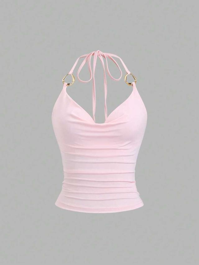 pink draped neck metal ring tank top