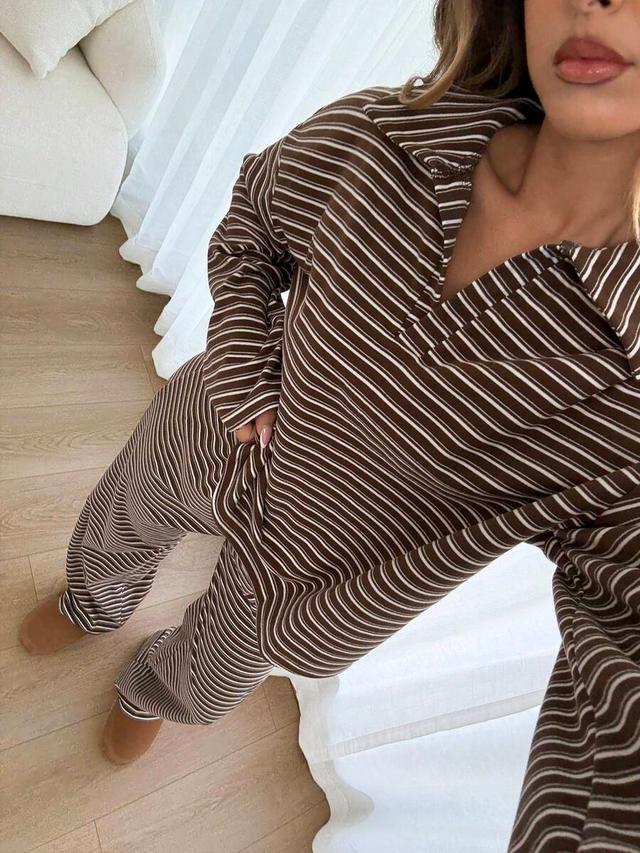 brown striped v-neck long sleeve top and pants set