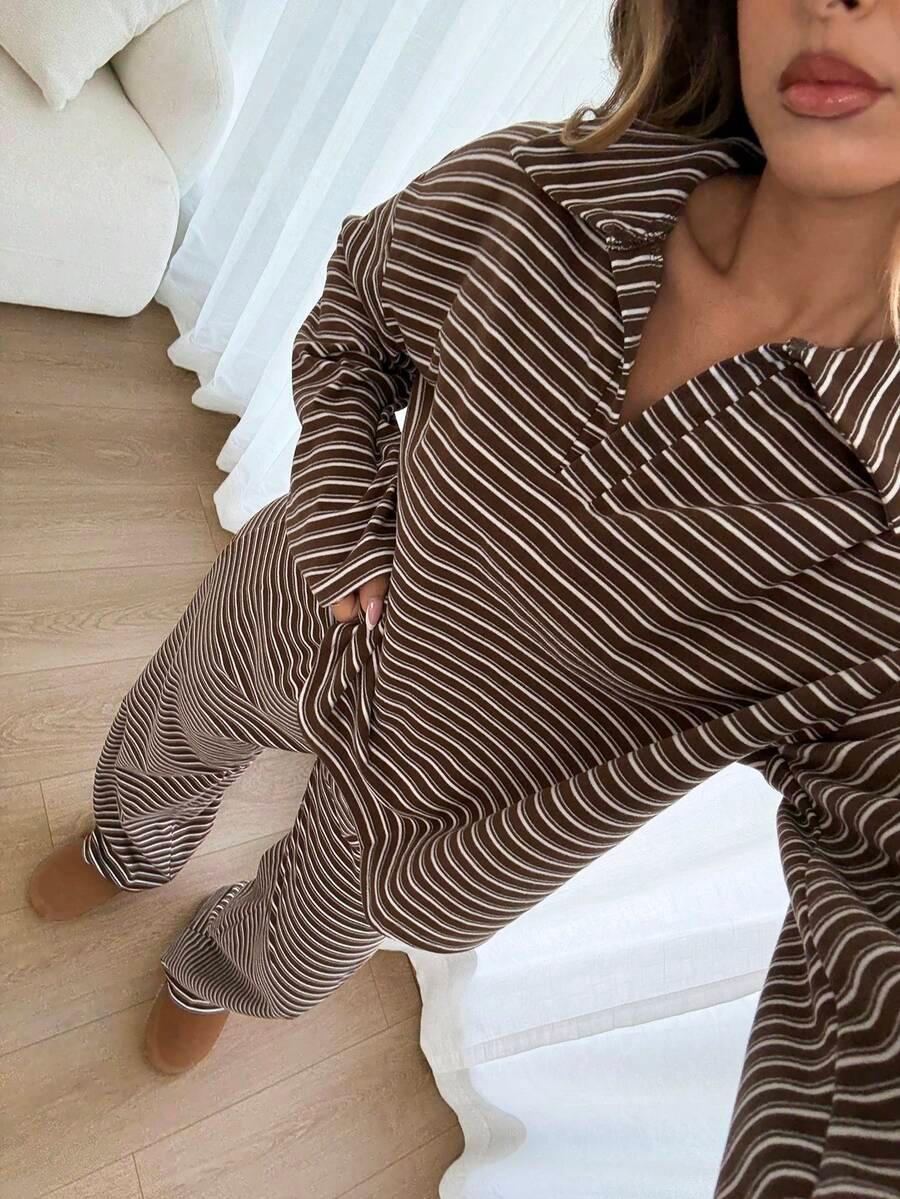 brown striped v-neck long sleeve top and pants set