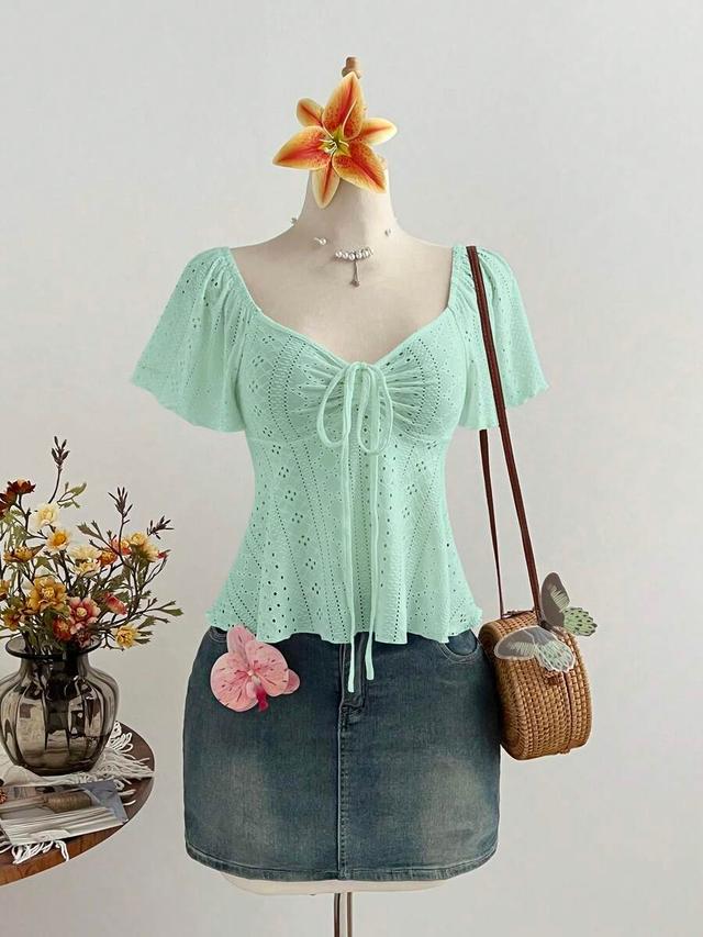 french style white jacquard drawstring v-neck short sleeve top