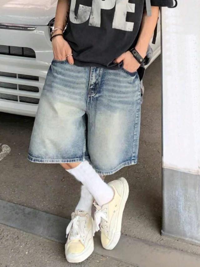 vintage y2k distressed washed denim knee-length shorts