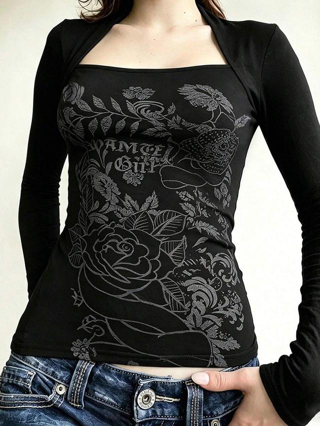 women's asymmetric sheer print long sleeve top spring black