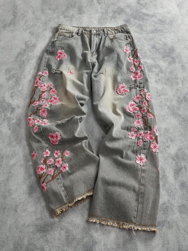 plum blossom embroidered washed wide leg jeans