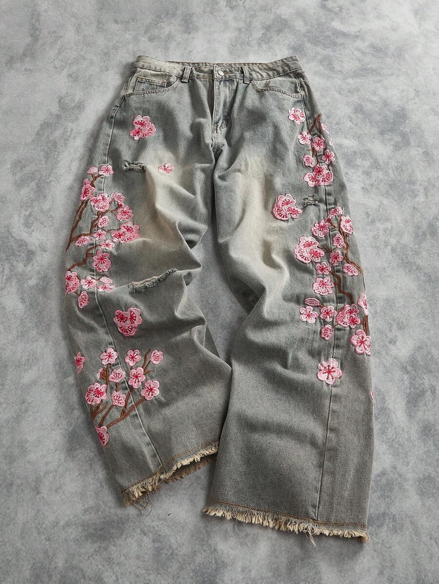 plum blossom embroidered washed wide leg jeans